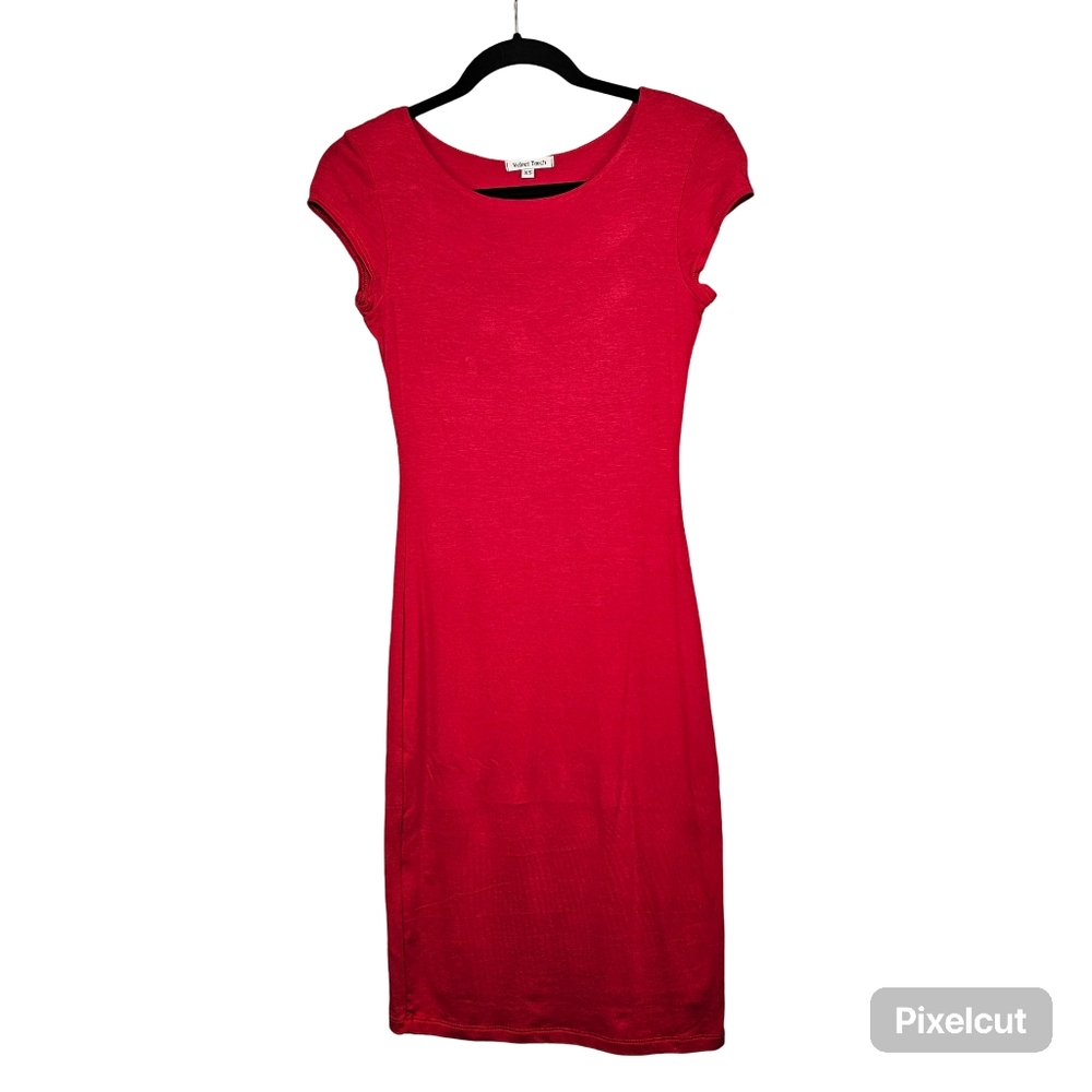 Velvet torch red cap sleeve fitted stretch knit rayon midi dress size xs US